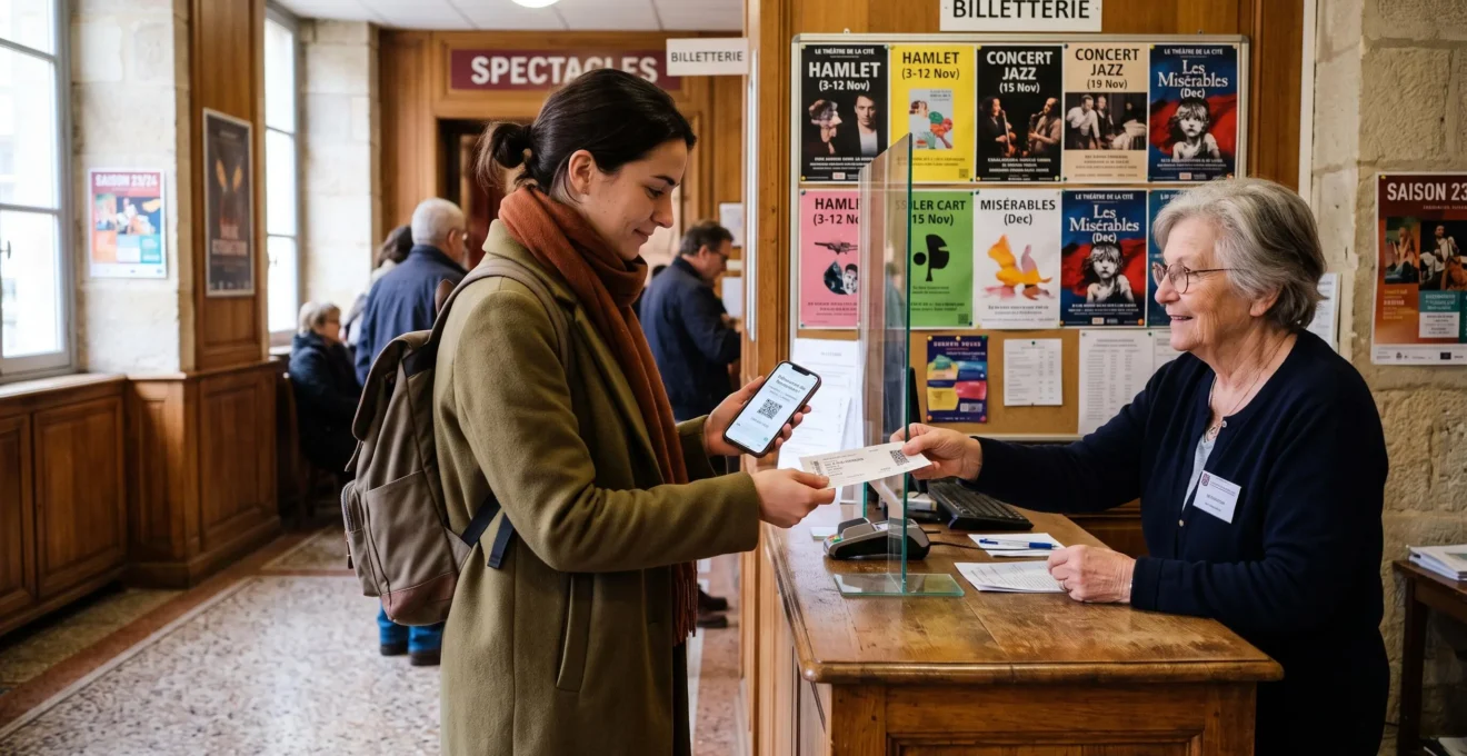 Une femme reçoit un billet de spectacle au guichet d'un théâtre municipal français.