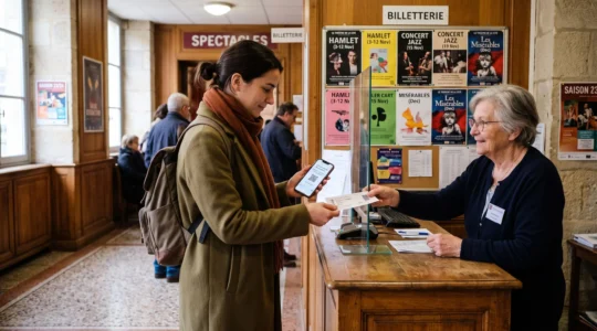 Une femme reçoit un billet de spectacle au guichet d'un théâtre municipal français.
