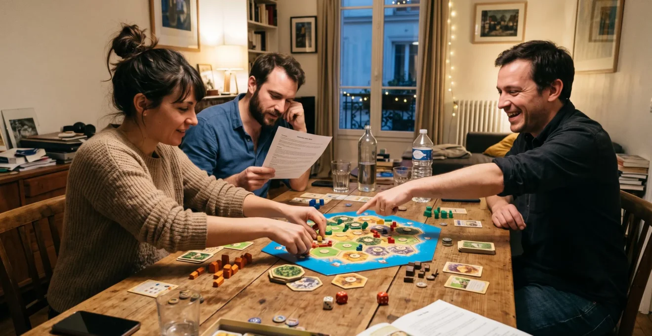 Trois amis jouent à un jeu de stratégie de société autour d'une table en bois dans un salon, l'un déplace des tuiles et des jetons au centre du plateau.