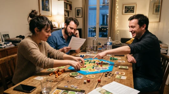 Trois amis jouent à un jeu de stratégie de société autour d'une table en bois dans un salon, l'un déplace des tuiles et des jetons au centre du plateau.