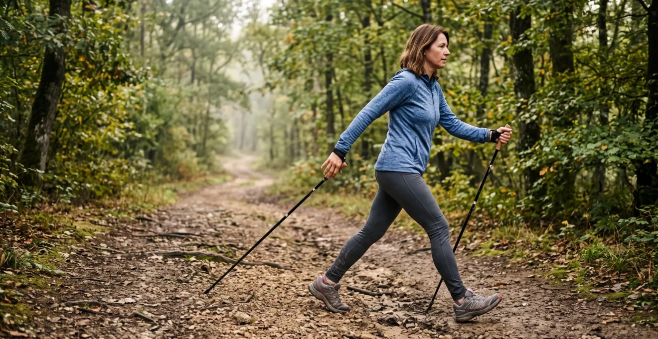 Une personne débute la marche nordique sur un chemin forestier, plantant ses bâtons derrière elle pour se propulser vers l'avant.
