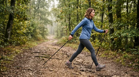 Une personne débute la marche nordique sur un chemin forestier, plantant ses bâtons derrière elle pour se propulser vers l'avant.