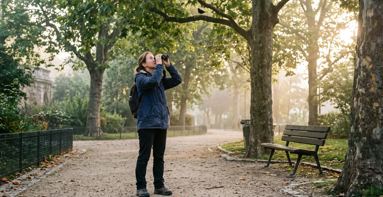 Une personne observant des oiseaux avec des jumelles dans un parc français tôt le matin.