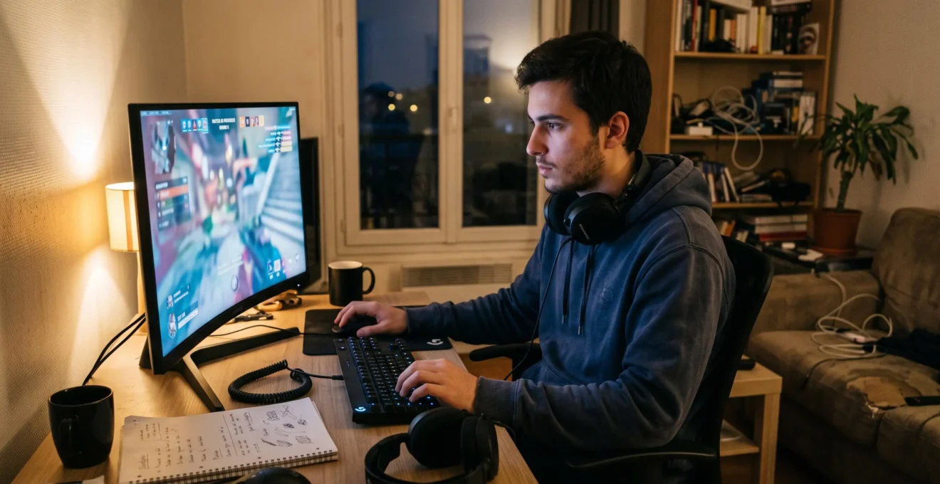 Un jeune homme joue une partie compétitive en ligne sur son ordinateur, concentré, dans son salon en soirée.