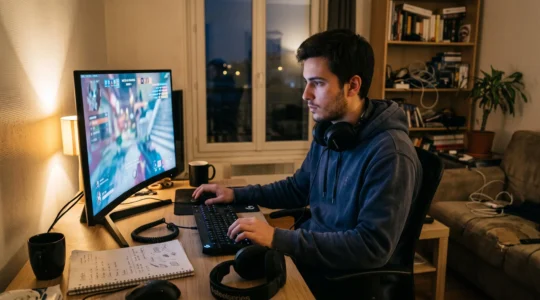 Un jeune homme joue une partie compétitive en ligne sur son ordinateur, concentré, dans son salon en soirée.