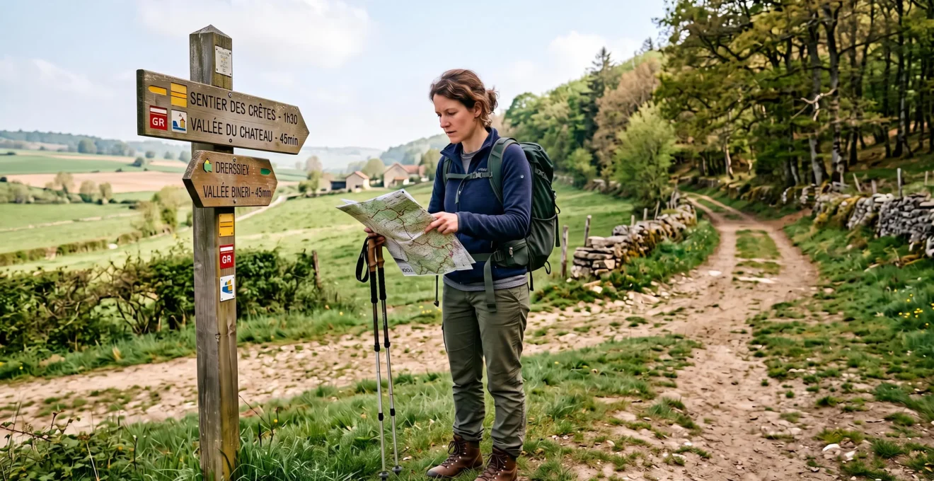 Une randonneuse débutante consulte une carte et un panneau de balisage au départ d'un sentier de randonnée.