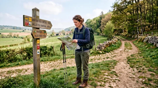 Une randonneuse débutante consulte une carte et un panneau de balisage au départ d'un sentier de randonnée.