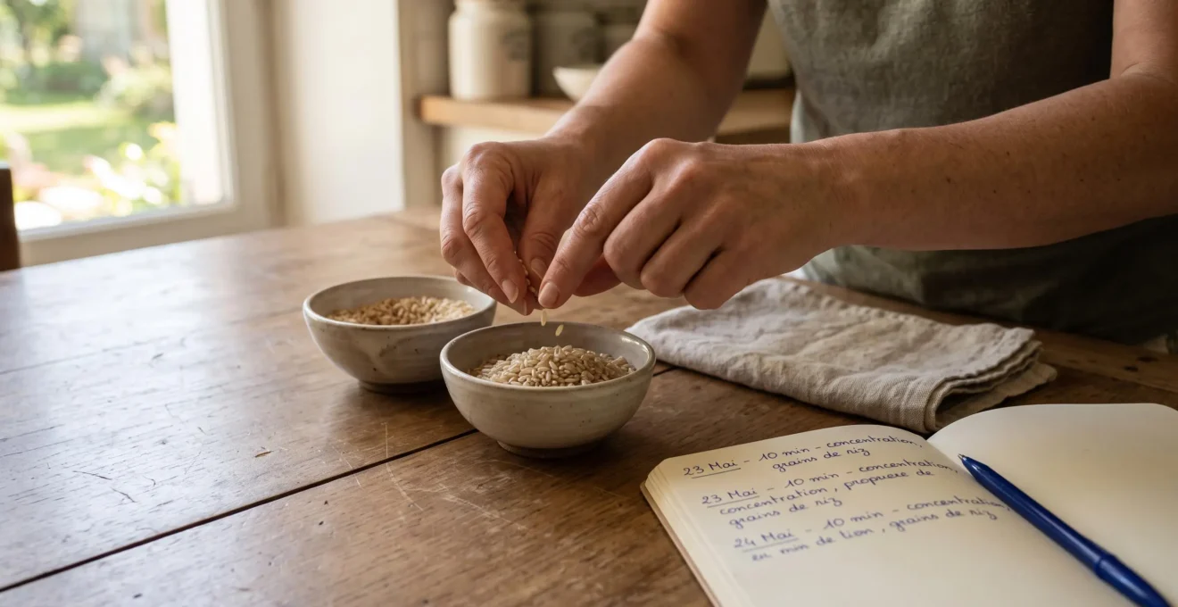 Des mains transfèrent du riz d'un bol à l'autre sur une table en bois, avec un carnet de suivi posé à côté.