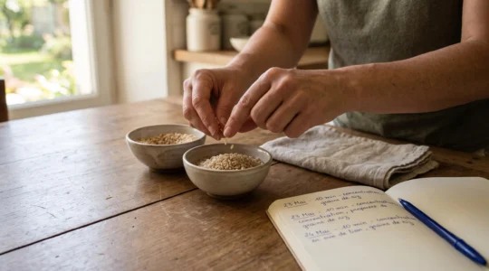 Des mains transfèrent du riz d'un bol à l'autre sur une table en bois, avec un carnet de suivi posé à côté.