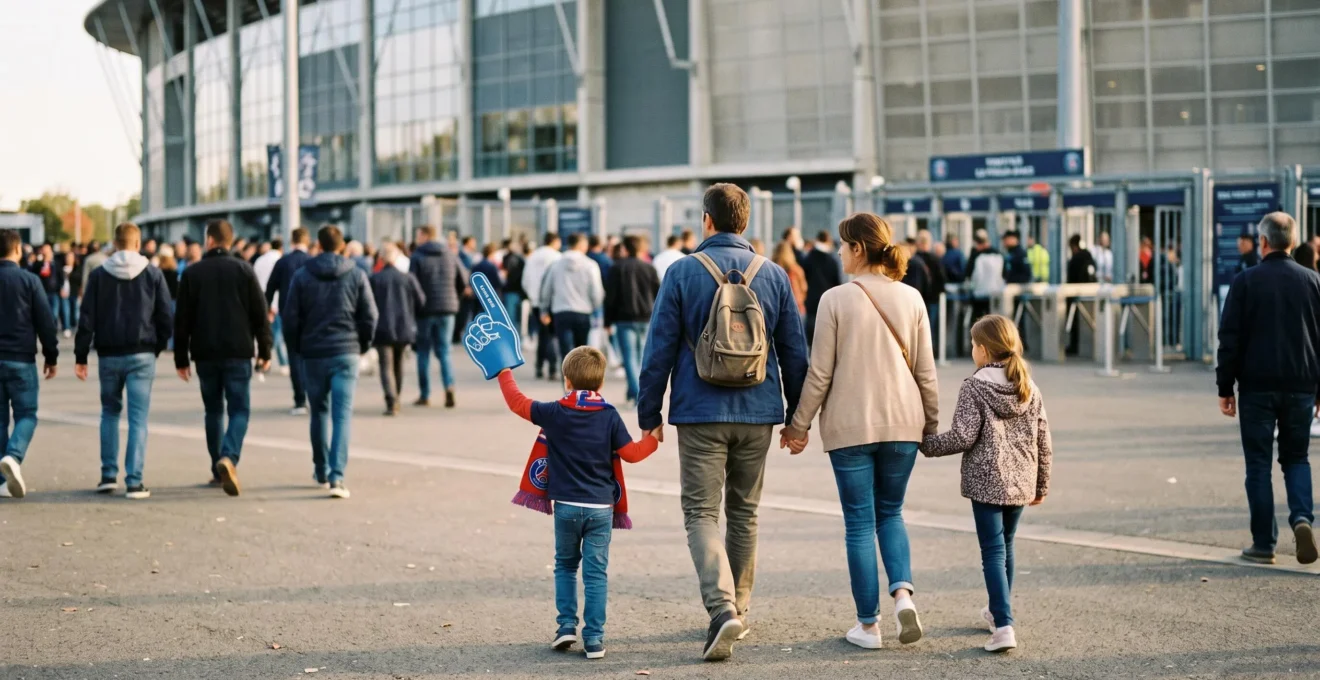 Une famille avec deux enfants marche vers l'entrée d'un stade avant un match, parmi la foule de spectateurs.