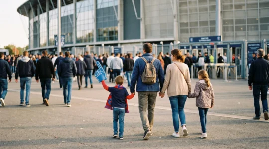 Une famille avec deux enfants marche vers l'entrée d'un stade avant un match, parmi la foule de spectateurs.