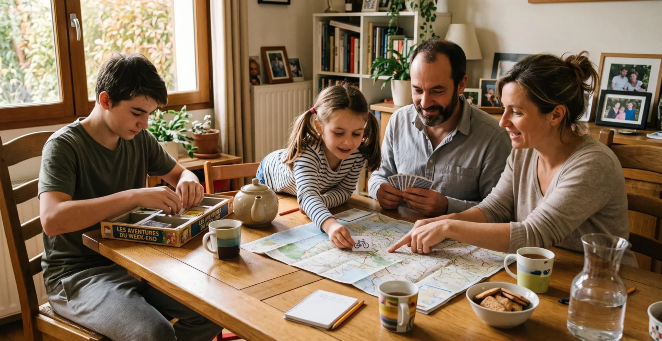 Une famille de quatre personnes autour d'une table en bois, en train de choisir ensemble des activités du week-end, une enfant plaçant un repère sur un plan posé sur la table.