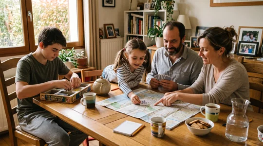 Une famille de quatre personnes autour d'une table en bois, en train de choisir ensemble des activités du week-end, une enfant plaçant un repère sur un plan posé sur la table.