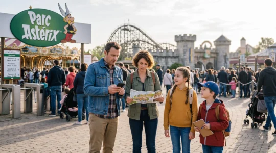 Une famille consulte les temps d'attente sur son téléphone à l'ouverture d'un parc à thème en France, devant les premières files d'attente.