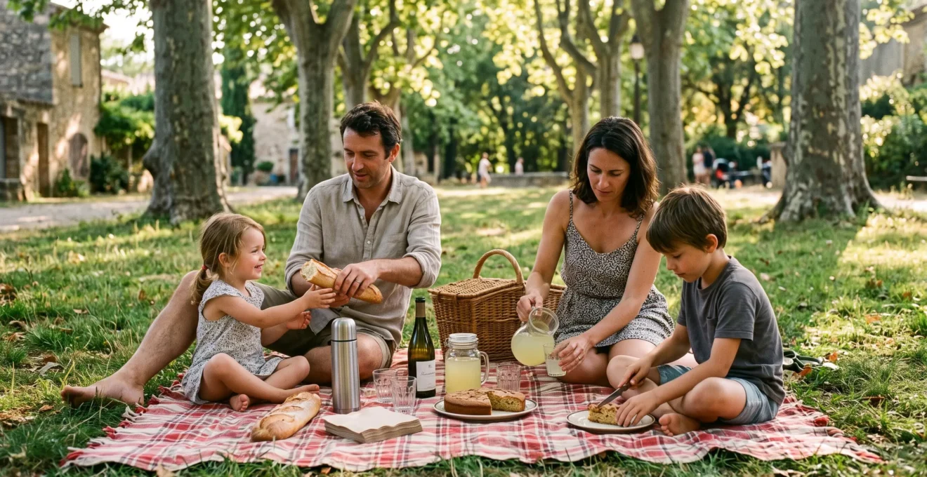 Une famille partage un pique-nique simple sur une nappe à carreaux sous les arbres d'un parc français en fin d'après-midi.