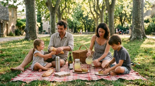 Une famille partage un pique-nique simple sur une nappe à carreaux sous les arbres d'un parc français en fin d'après-midi.