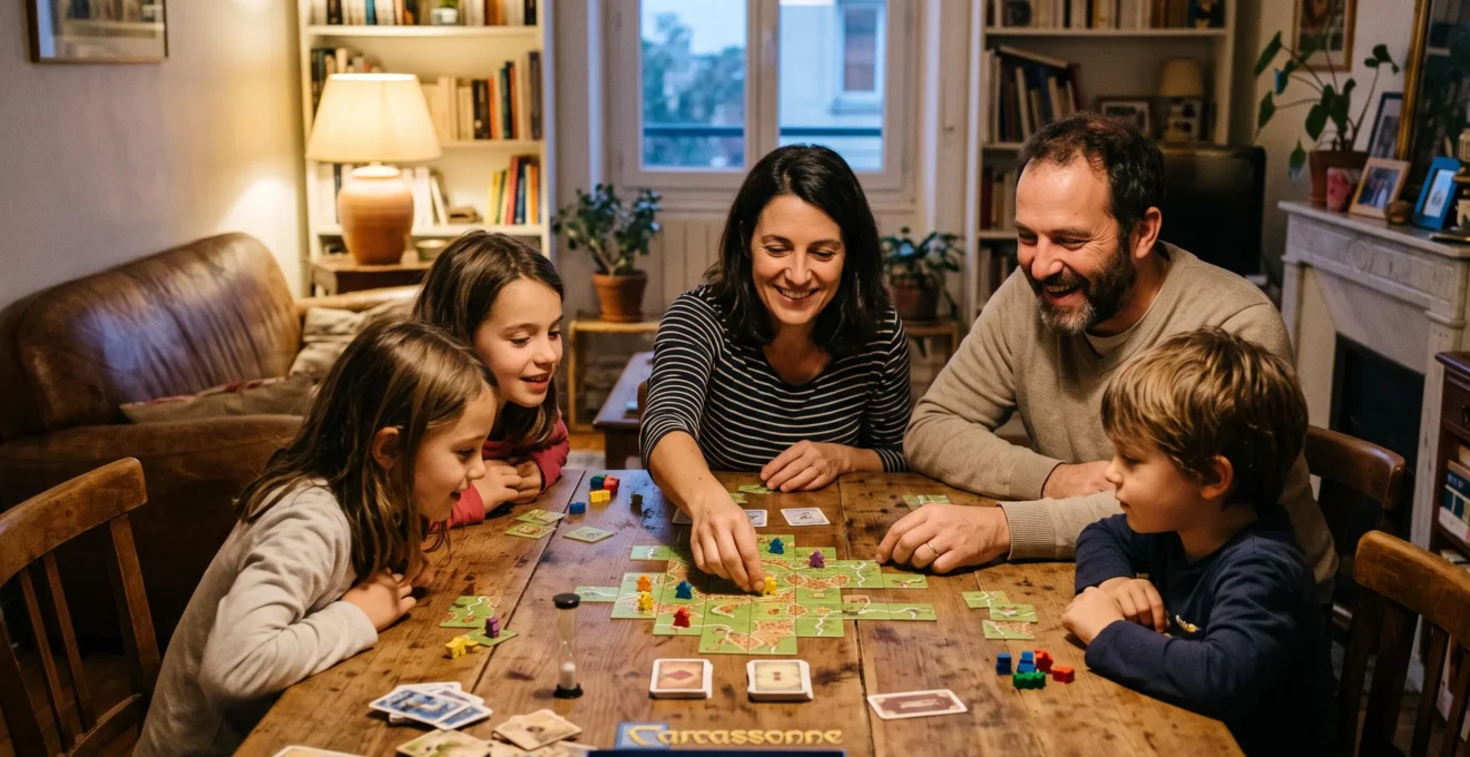 Une famille composée d'adultes et d'enfants joue à un jeu de société autour d'une table en bois dans un salon, en début de soirée.