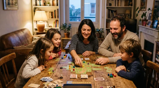 Une famille composée d'adultes et d'enfants joue à un jeu de société autour d'une table en bois dans un salon, en début de soirée.
