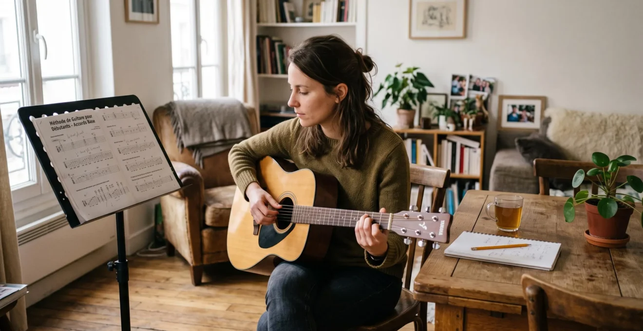 Une femme pratique la guitare acoustique chez elle, en suivant une méthode d'apprentissage posée sur un support à côté d'elle.