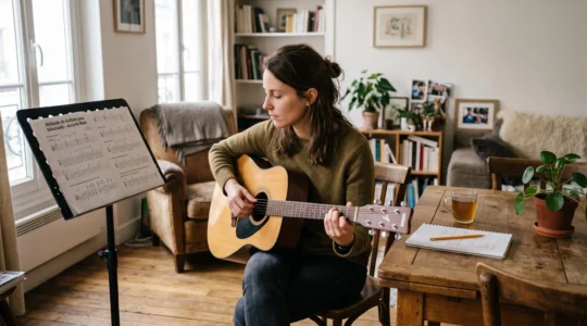 Une femme pratique la guitare acoustique chez elle, en suivant une méthode d'apprentissage posée sur un support à côté d'elle.