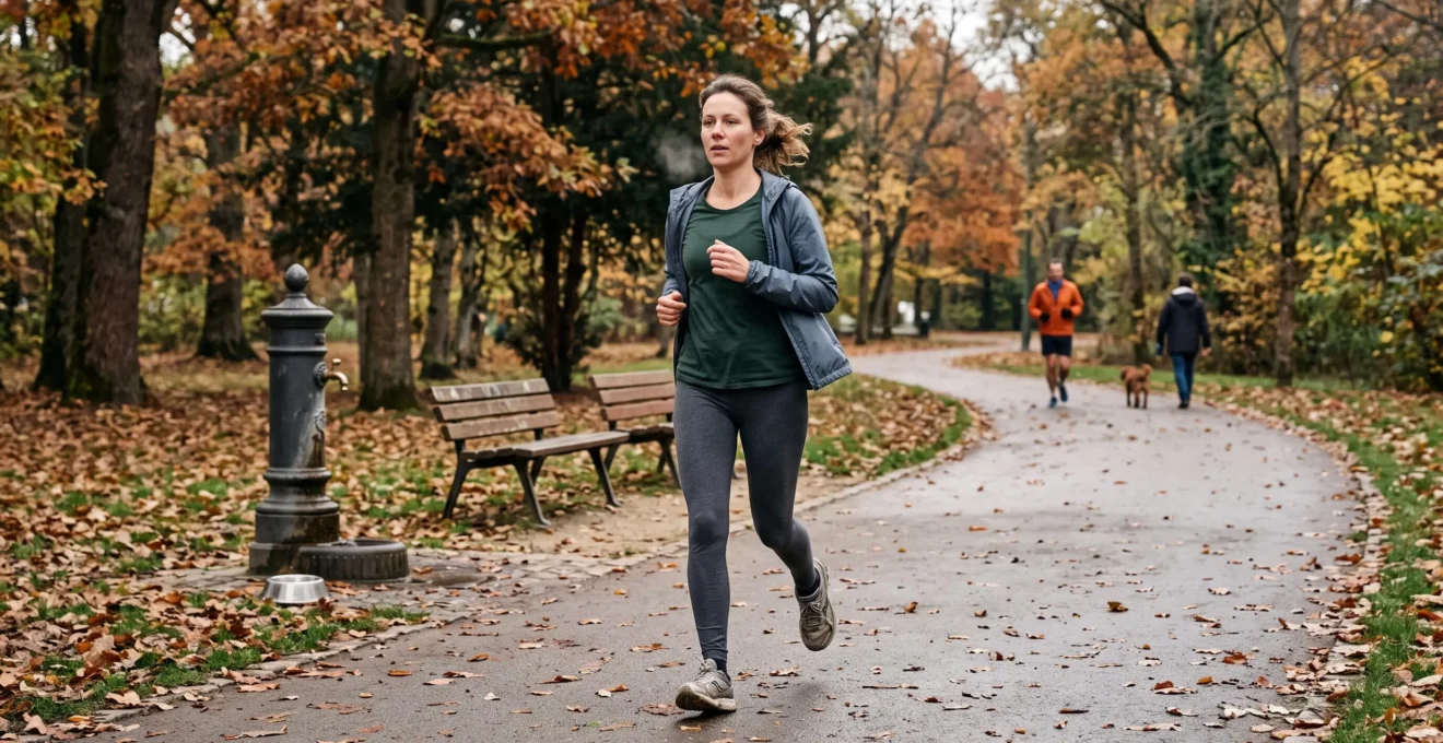 Une femme court à un rythme modéré sur une allée d'un parc en France lors d'une reprise du sport en douceur.
