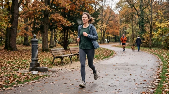 Une femme court à un rythme modéré sur une allée d'un parc en France lors d'une reprise du sport en douceur.