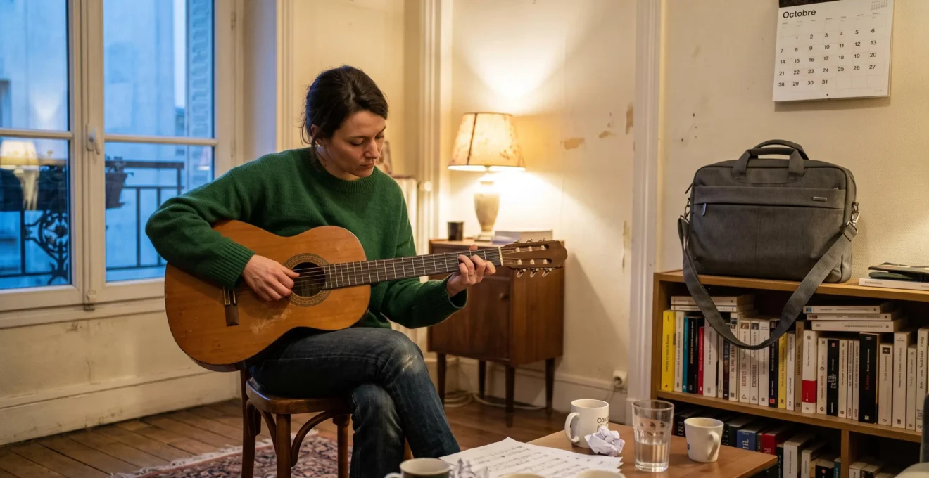Une femme joue de la guitare acoustique dans son salon un soir de semaine, son sac d'ordinateur de travail posé contre l'étagère.