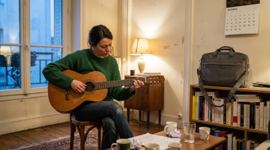 Une femme joue de la guitare acoustique dans son salon un soir de semaine, son sac d'ordinateur de travail posé contre l'étagère.