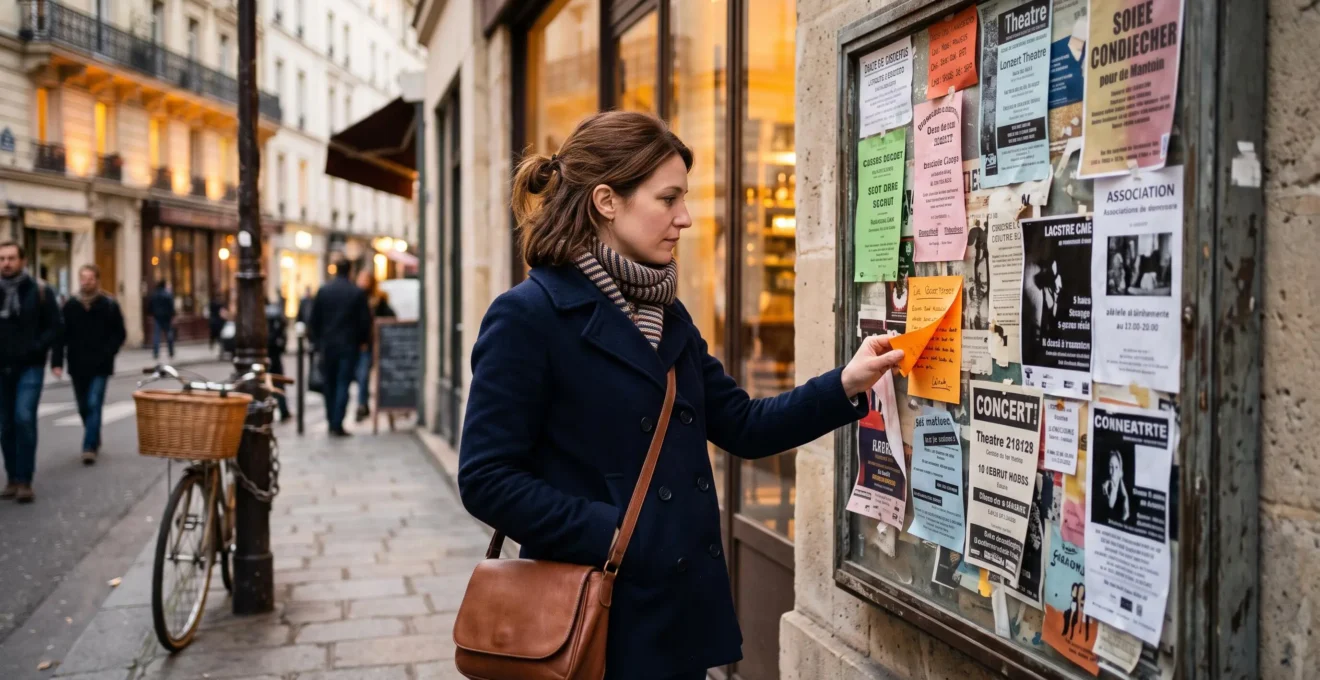 Une femme lit des affiches et des flyers d'événements culturels collés sur une vitrine de café dans une rue française.