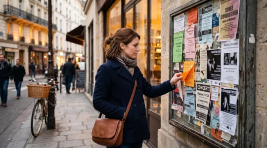 Une femme lit des affiches et des flyers d'événements culturels collés sur une vitrine de café dans une rue française.