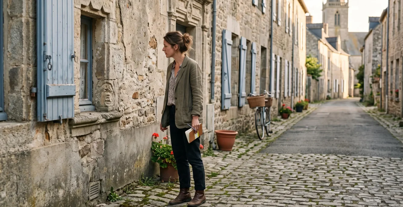 Une femme immobile observe attentivement la façade en pierre d'une rue française, un carnet à la main, en lumière de fin d'après-midi.