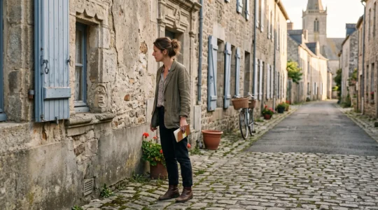 Une femme immobile observe attentivement la façade en pierre d'une rue française, un carnet à la main, en lumière de fin d'après-midi.