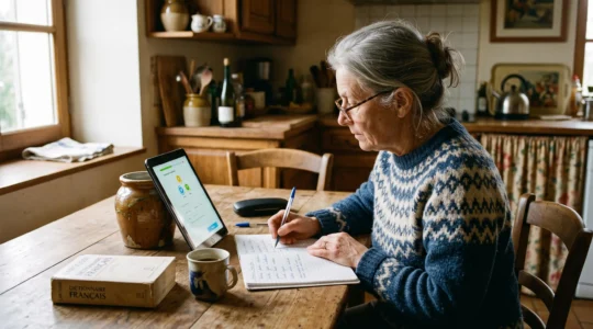 Une femme retraitée assise à sa table de cuisine suit une leçon de langue sur une tablette tout en prenant des notes dans un carnet.