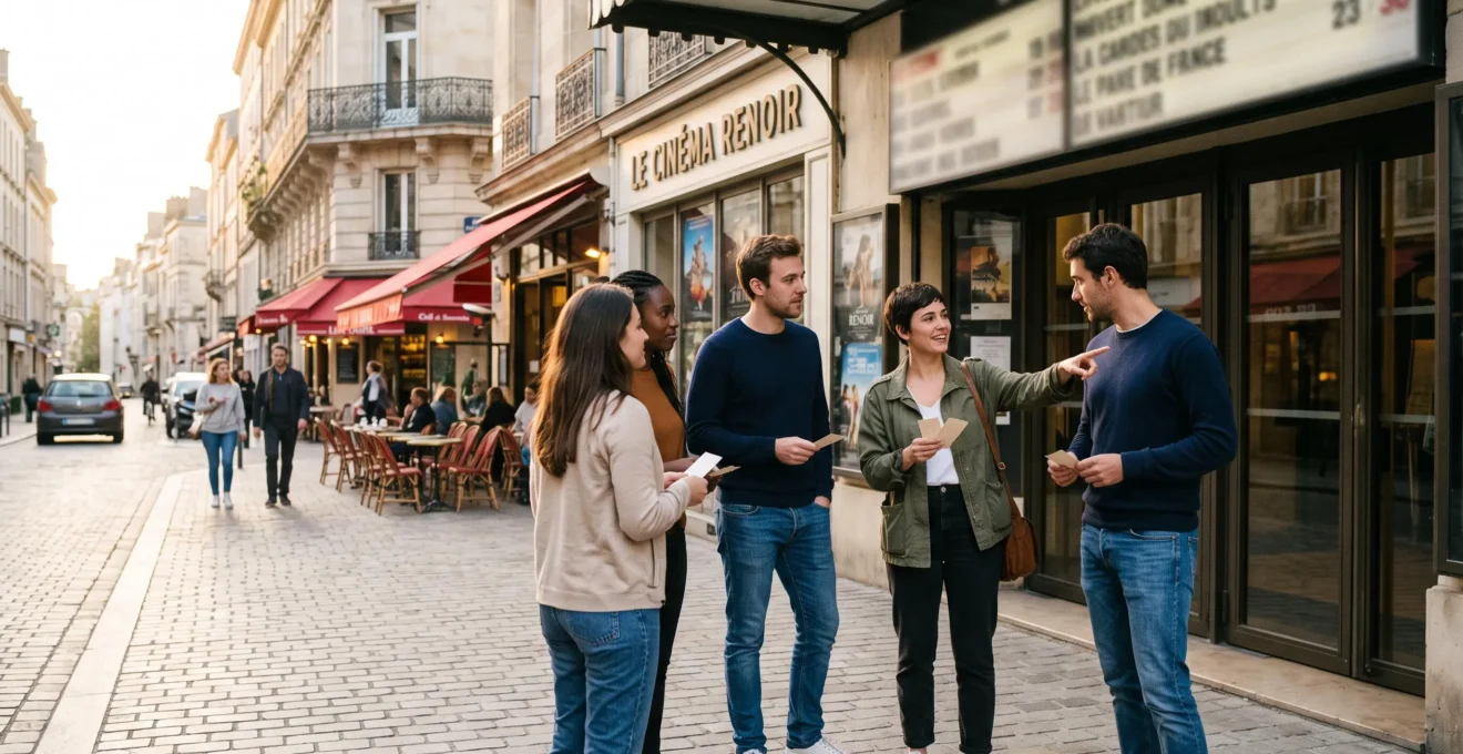 Un groupe d'amis se retrouve devant l'entru00e9e d'un cinu00e9ma de centre-ville en fin de journu00e9e, billets en main, avant d'assister u00e0 une su00e9ance.