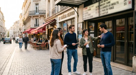 Un groupe d'amis se retrouve devant l'entru00e9e d'un cinu00e9ma de centre-ville en fin de journu00e9e, billets en main, avant d'assister u00e0 une su00e9ance.