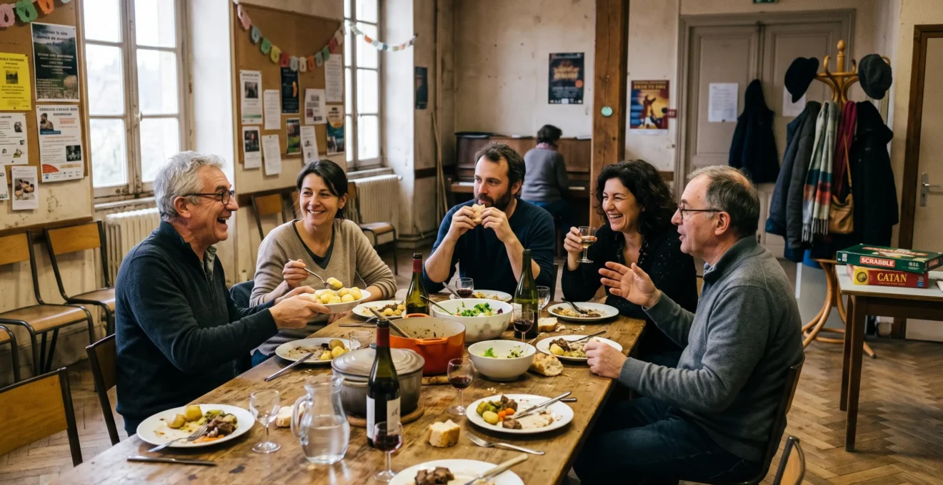 Un groupe d'amis d'âges différents partage un repas autour d'une longue table dans une salle de quartier, en pleine conversation.