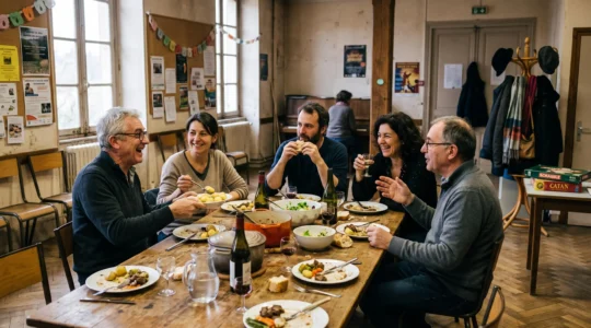 Un groupe d'amis d'âges différents partage un repas autour d'une longue table dans une salle de quartier, en pleine conversation.