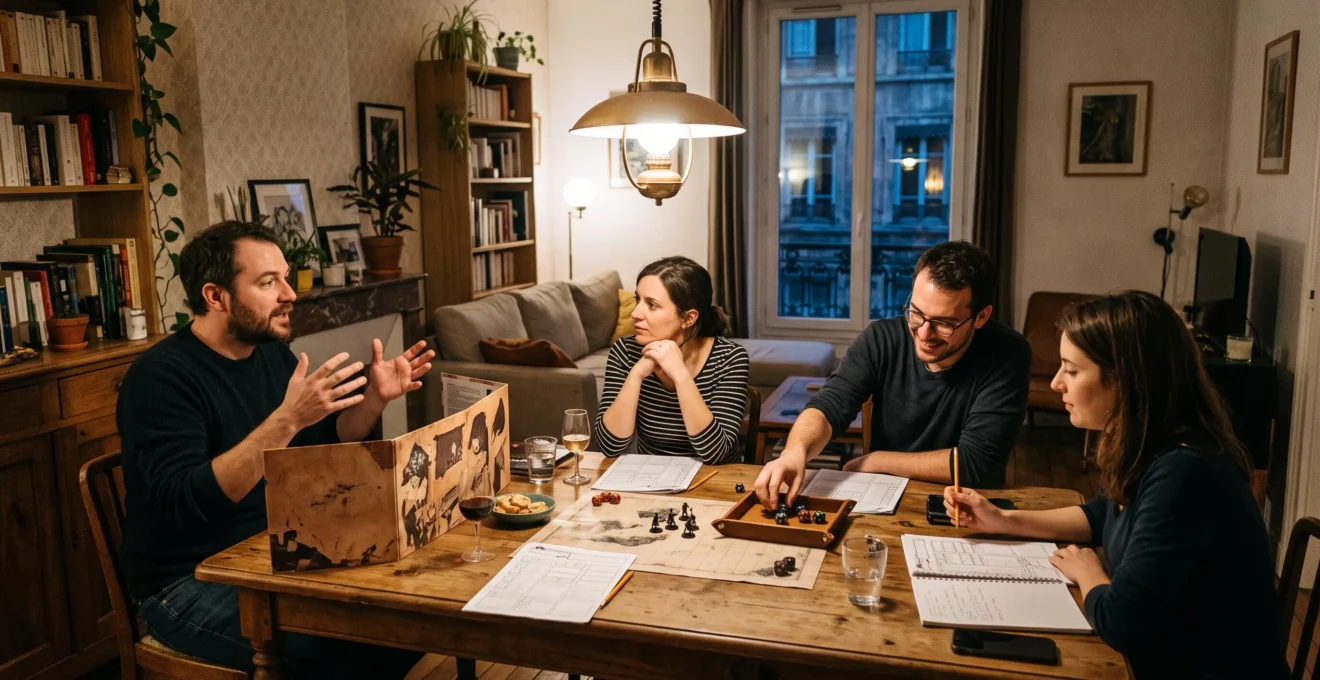 Un groupe d'amis joue à un jeu de rôle sur table autour d'une table en bois, le meneur de jeu racontant la scène pendant que les joueurs consultent leurs fiches de personnage et lancent des dés.
