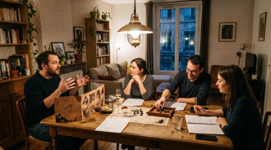 Un groupe d'amis joue à un jeu de rôle sur table autour d'une table en bois, le meneur de jeu racontant la scène pendant que les joueurs consultent leurs fiches de personnage et lancent des dés.