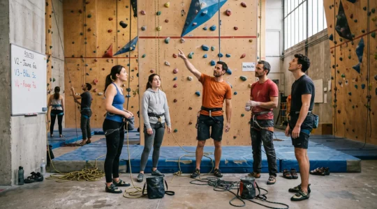 Un groupe d'adultes de niveaux différents, harnais de grimpette sur le dos, écoutent une consigne courte au pied d'un mur d'escalade intérieur.