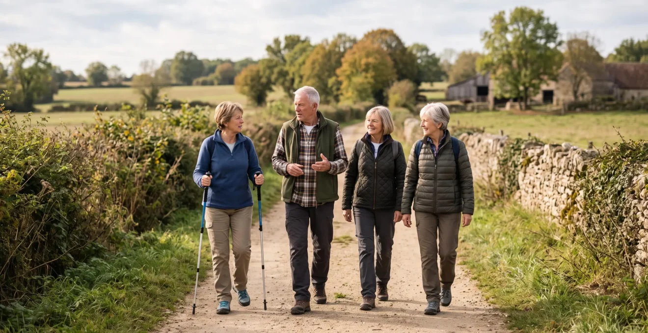 Un groupe de personnes âgées marche à un rythme tranquille sur un sentier de campagne, en conversant, avec des vêtements de plein air.
