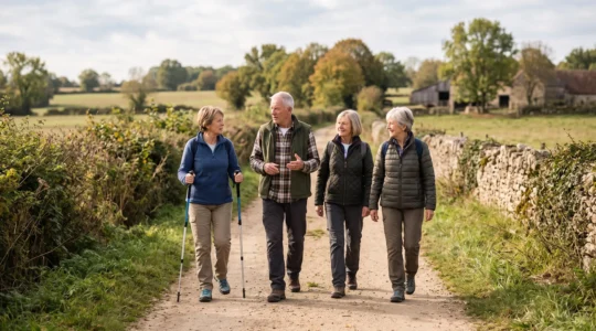 Un groupe de personnes âgées marche à un rythme tranquille sur un sentier de campagne, en conversant, avec des vêtements de plein air.