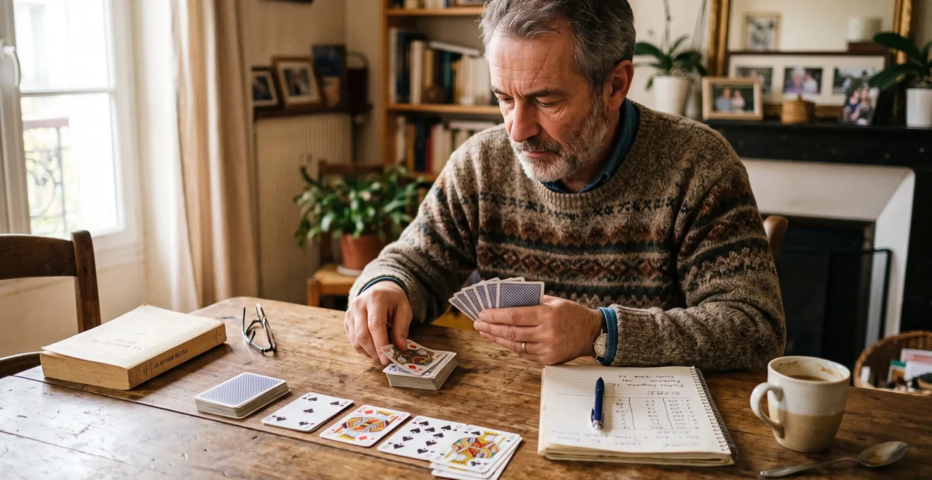 Un homme assis à la table de son salon trie un jeu de cartes, un carnet ouvert à côté d'un livre fermé et d'une tasse de café.