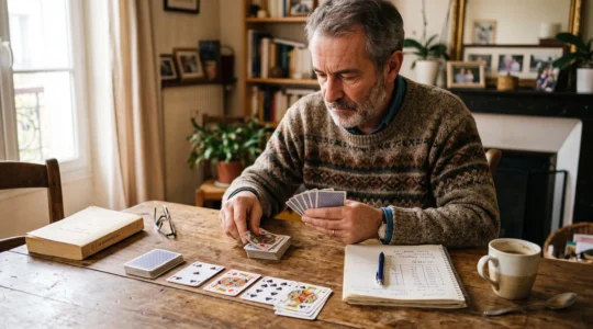 Un homme assis à la table de son salon trie un jeu de cartes, un carnet ouvert à côté d'un livre fermé et d'une tasse de café.