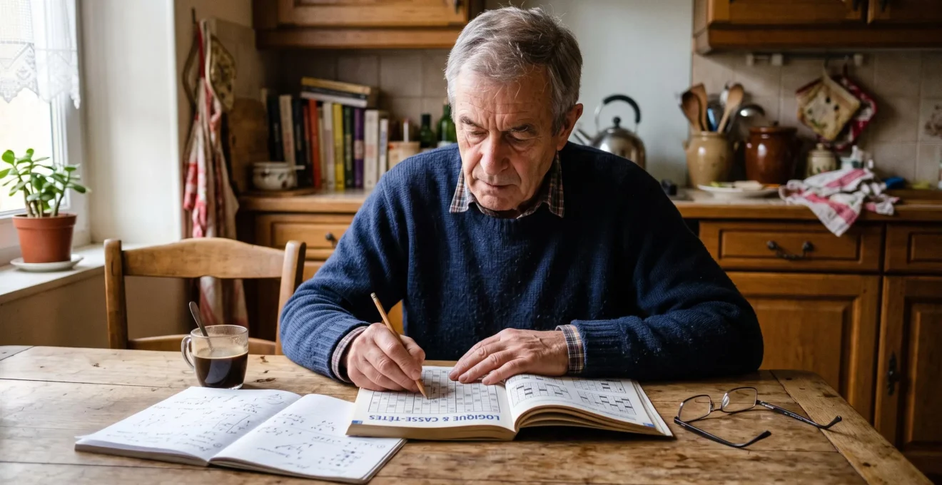 Un homme âgé résout un exercice de logique dans un livre, crayon en main, avec un café et un carnet de notes sur une table de cuisine.