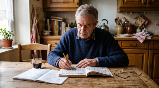 Un homme âgé résout un exercice de logique dans un livre, crayon en main, avec un café et un carnet de notes sur une table de cuisine.