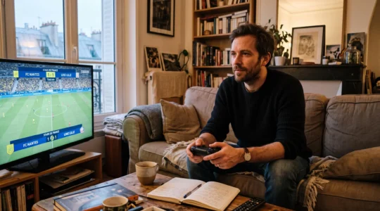Un joueur occasionnel assis sur un canapé d'un salon en fin de journée, manette en main, devant un écran de télévision affichant un match de football.