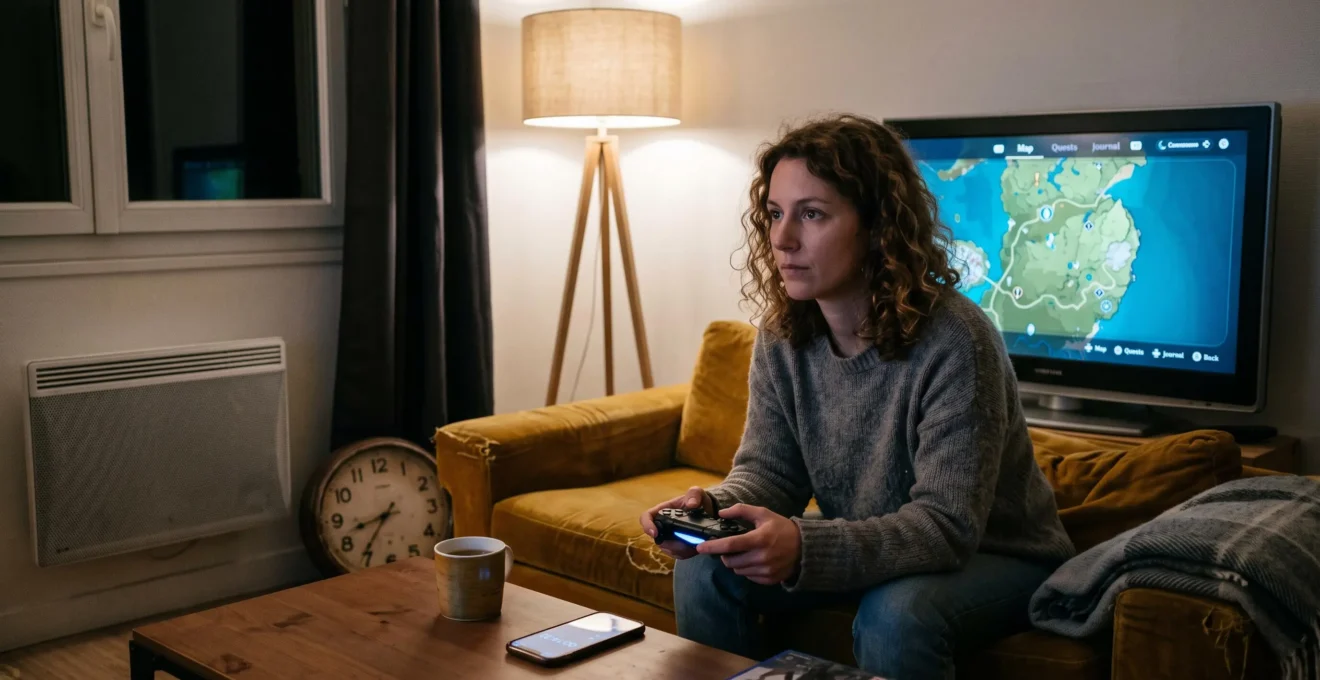 Un joueur assis sur un canapé dans son salon le soir, manette en main, devant une carte de jeu en monde ouvert affichant peu de marqueurs, avec une horloge posée sur la table basse.