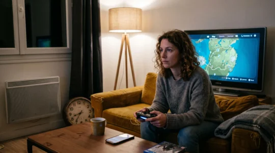 Un joueur assis sur un canapé dans son salon le soir, manette en main, devant une carte de jeu en monde ouvert affichant peu de marqueurs, avec une horloge posée sur la table basse.