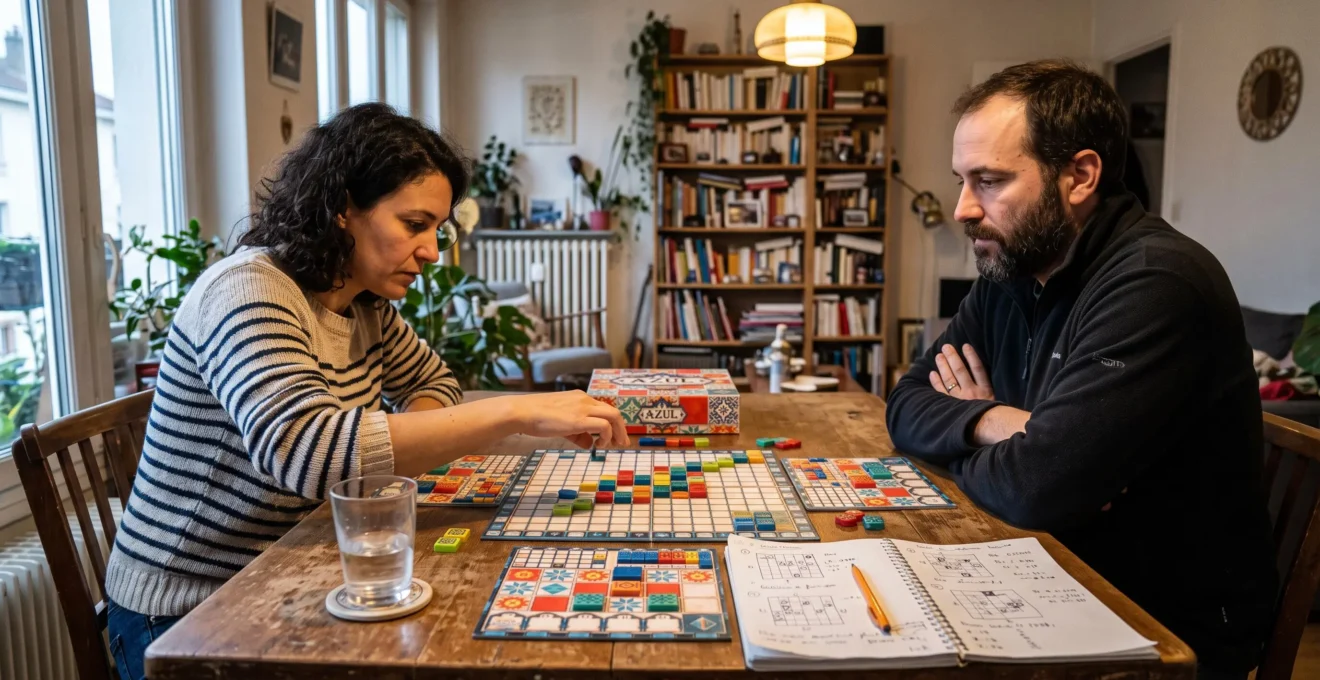 Deux joueurs réfléchissent à leur prochain coup lors d'une partie de jeu de stratégie sur une table en bois dans un salon.